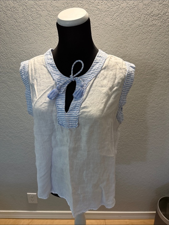 Vineyard Vines Tops - Vineyard Vines White Linen Tank with Light Blue Stripe Trim